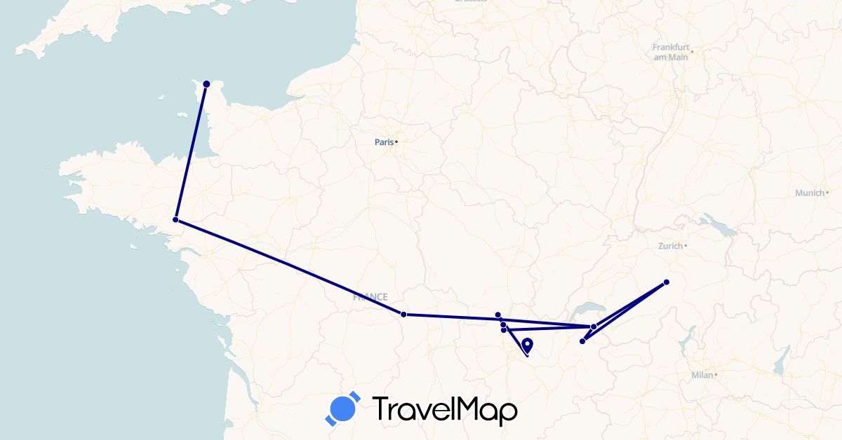 TravelMap itinerary: driving in Switzerland, France (Europe)